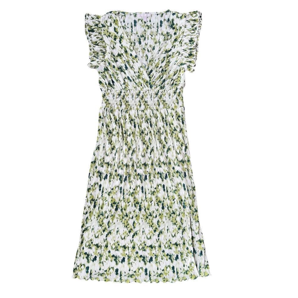 Chelsea28 Flutter Sleeve Plissé Midi Green Ivory Dress NWT Nordstrom - Large - Picture 2 of 12